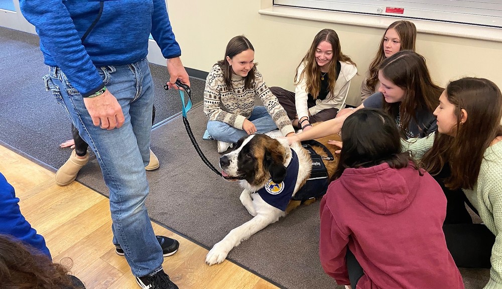 GHS students who participate in The Gray Matters Collective gather once a month to learn tips on coping. Recently, therapy dogs joined them for a session.