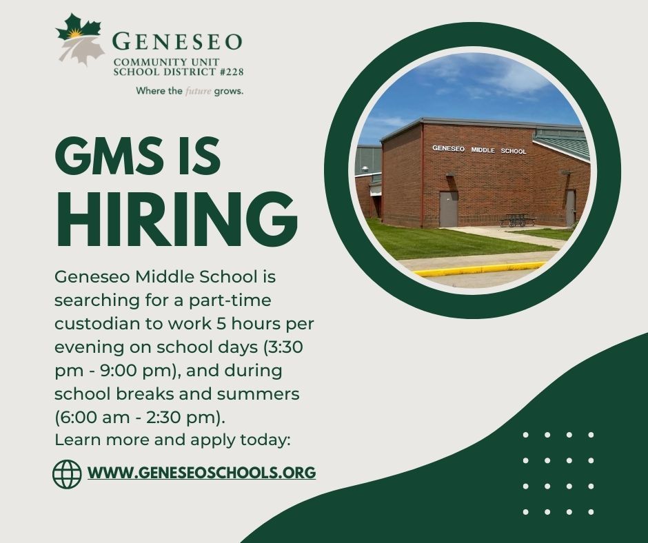 Geneseo Middle School is hiring a part-time custodian