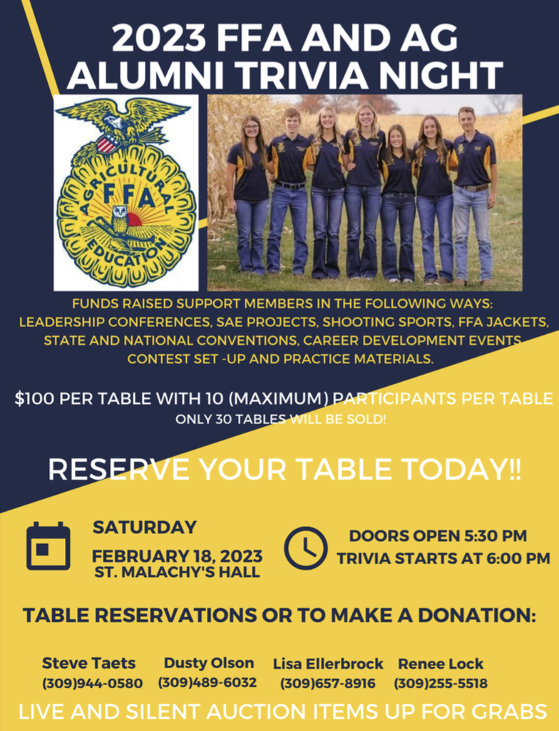 Tables for the FFA and Ag Alumni’s Trivia Night on Saturday, February 18 are on sale now.